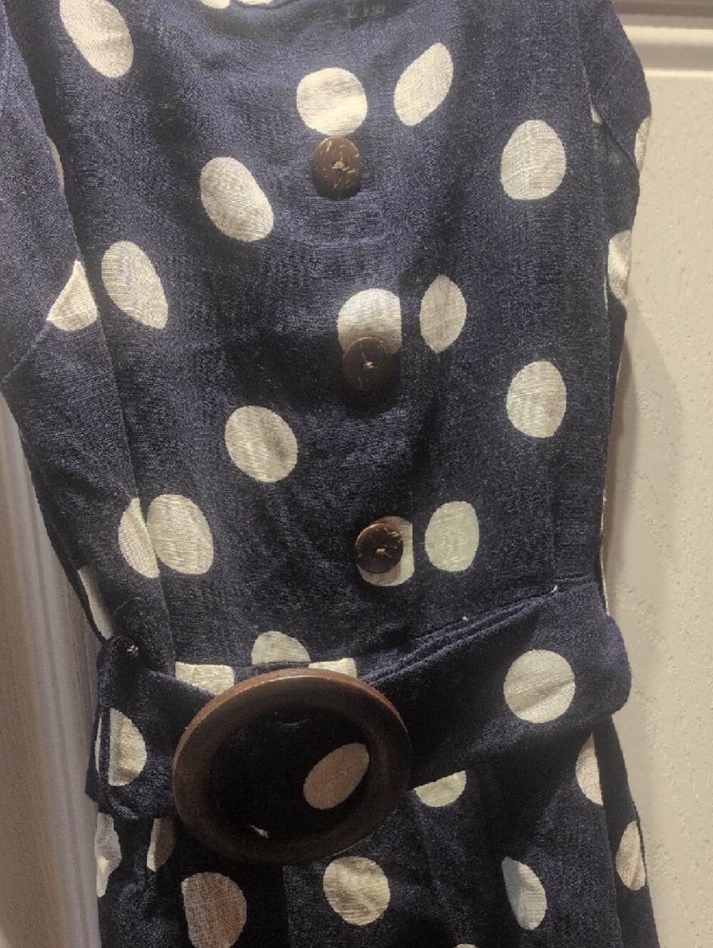 Navy and White Polka Dot Sleeveless Midi Dress with Belt - Picture 2 of 6